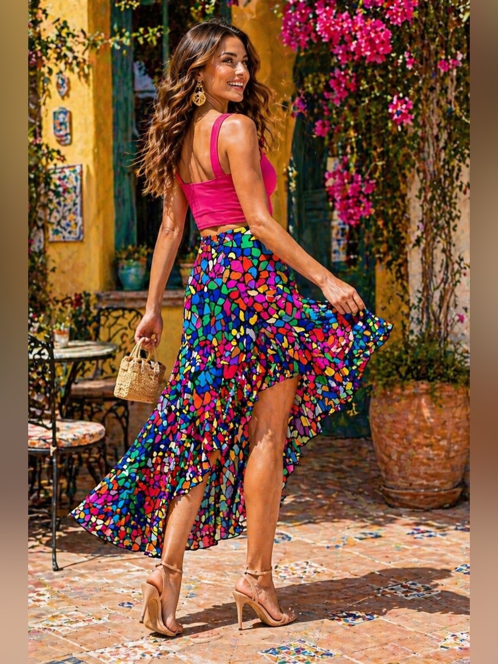 L'AMOUR NANETTE LEPORE Blue Pink Stained Glass Mosaic High-Low Skirt Flowy Artsy